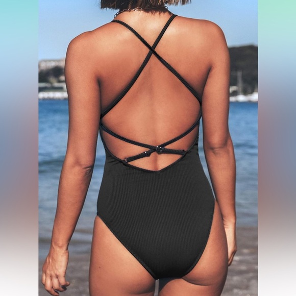 CUPSHE Women's Solid Color V Neck Lace Up One Piece Swimsuit #1F - Picture 5 of 5